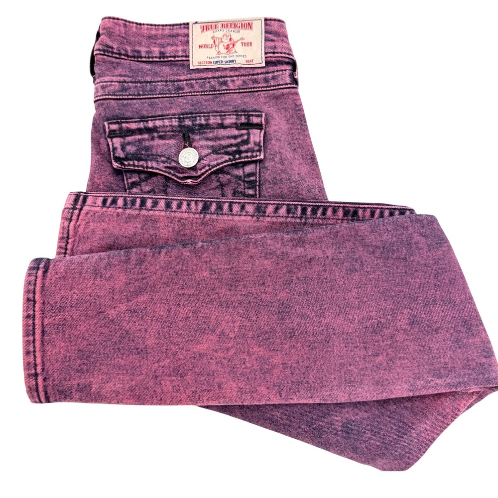 True Religion Super Skinny Jeans Womens 28 Purple Acid Wash Excellent Distressed